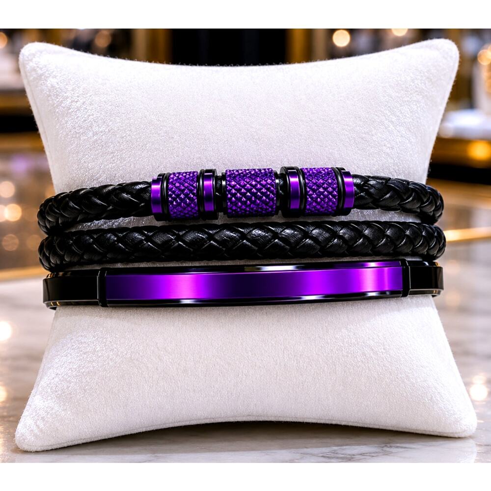 Unisex Handwoven Faux Leather Bracelet with SS Magnetic Clasp Purple